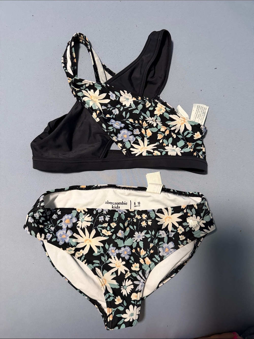 abercrombie kids Black Floral Two-Piece Swim Set with Pastel Flowers